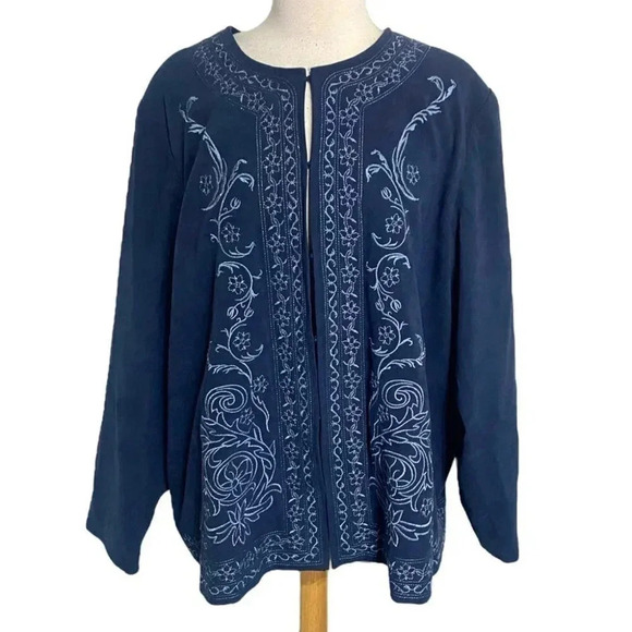 Susan Graver 2X plus-size boho‎ faux suede blue embroidered jacket Lagenlook - Picture 1 of 7
